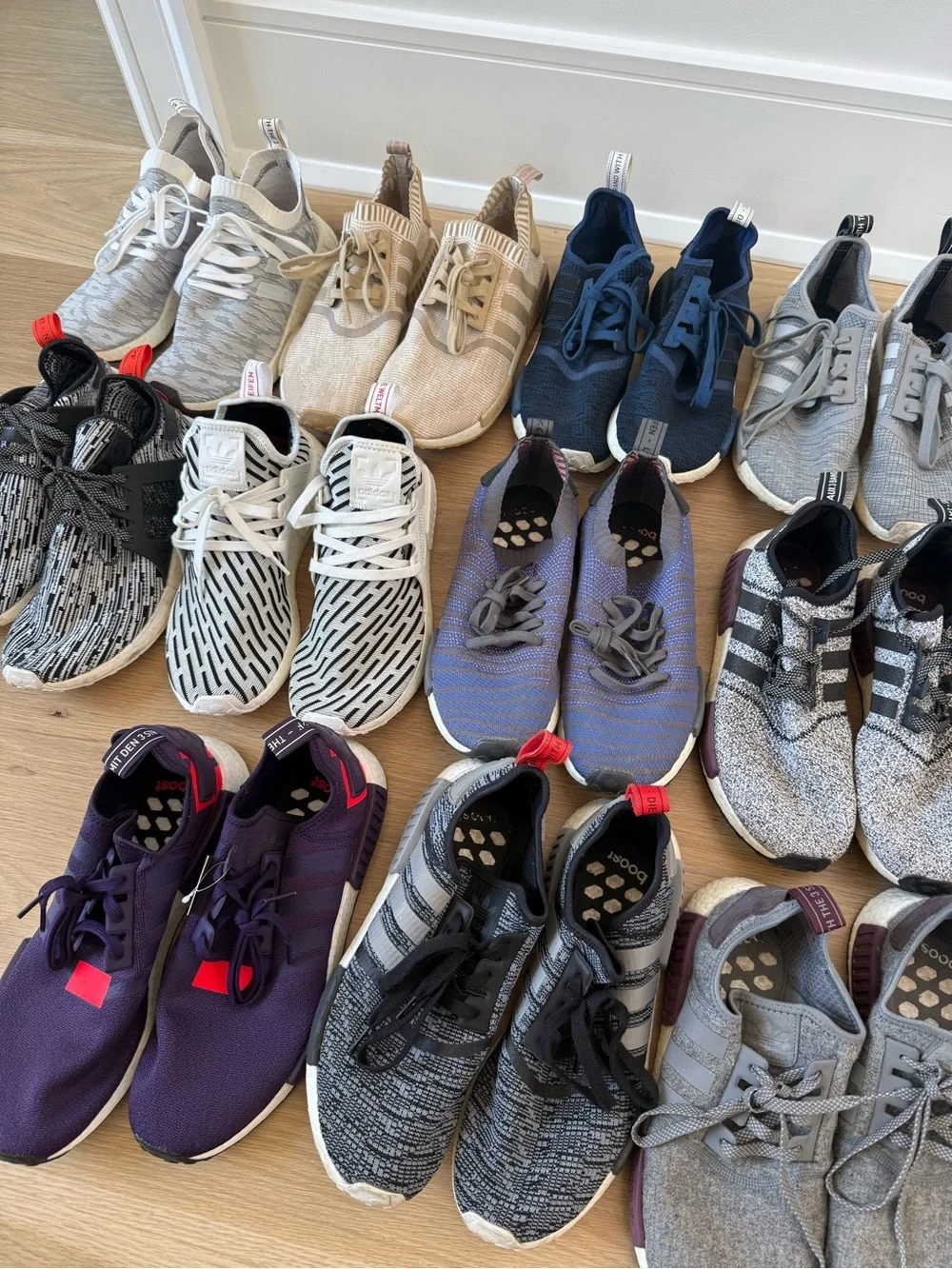 Adidas Men’s NMD Shoes 19 Pairs in Black, Navy, Gray, Purple, Cream, Tan